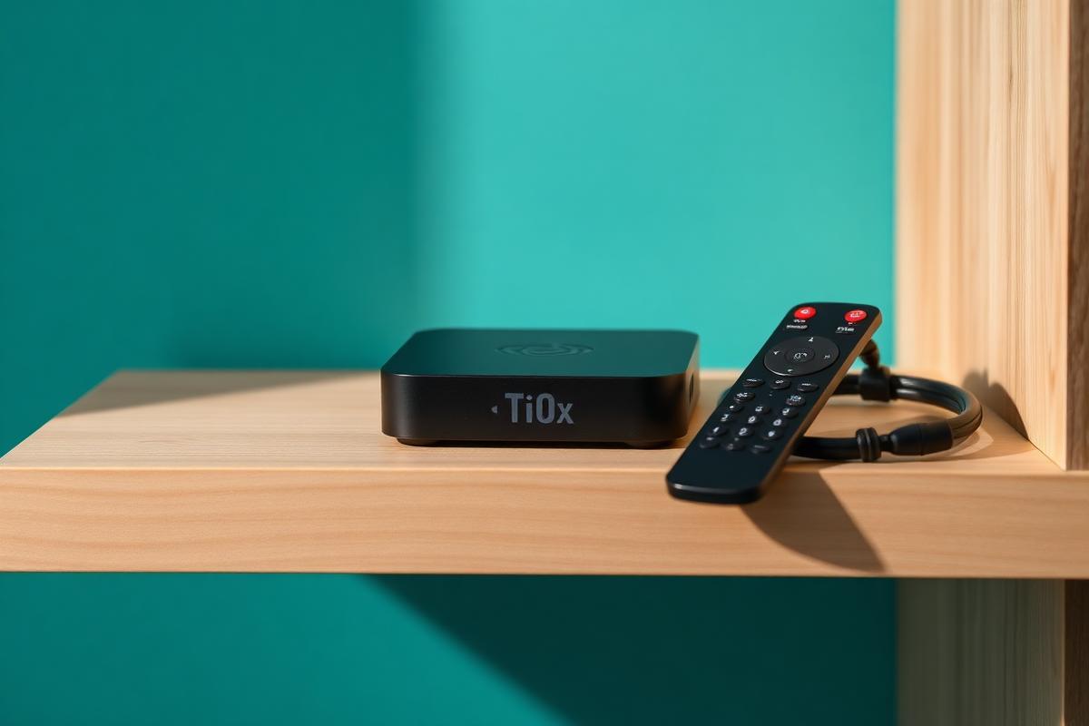 Aparelho TV Box preto sobre uma prateleira de madeira ao lado do controle remoto e do cabo HDMI